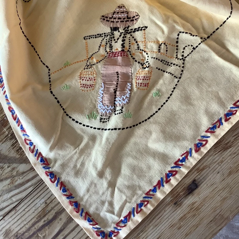 Vintage Kitschy Embroidered Southwest Aztec Yellow Tablecloth Table Linens
